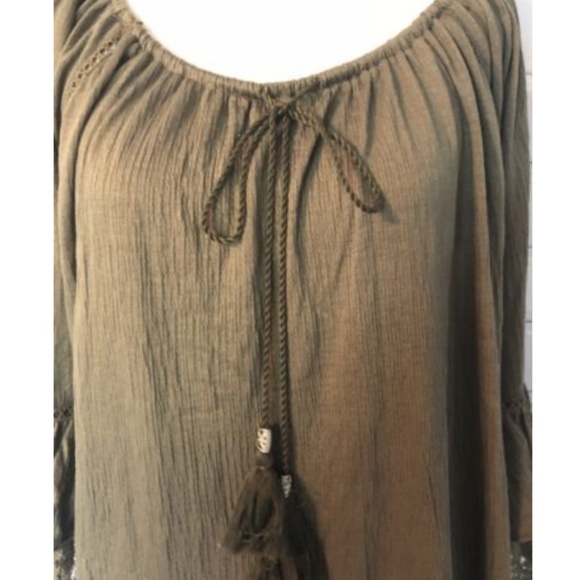 Olive Bell Sleeve Blouse Drawstring Tassel Top - Picture 5 of 7